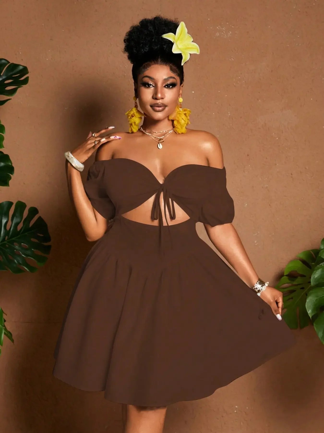 Plus Size Women One-Shoulder Waist-Tie Bubble Sleeve Dress, Summer Vacation Style, Casual Short Dress, Plain Pattern
