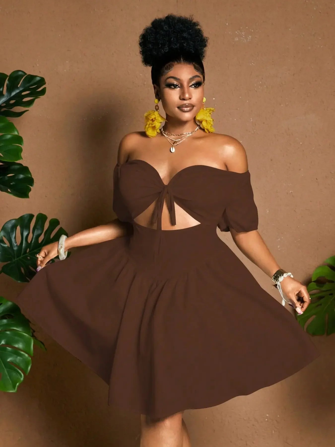 Plus Size Women One-Shoulder Waist-Tie Bubble Sleeve Dress, Summer Vacation Style, Casual Short Dress, Plain Pattern