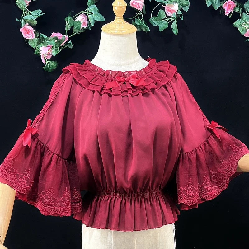 Sweet Lolita Chiffon Blouses Women Cute Bow Ruffles Three Quarter Flare Sleeve Undershirt Girl Kawai Off Shoulder Shirt Crop Top