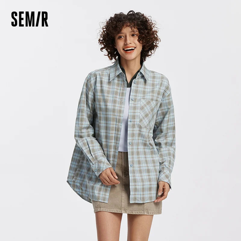 Semir Women Shirt Plaid Long Sleeve Mid Length Loose Dropped Shoulder Retro Campus Style Autumn Blouse Daily Wear 2026