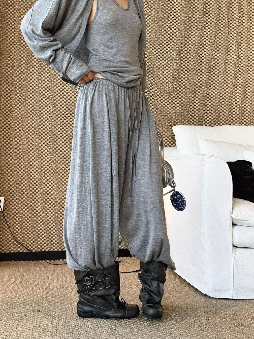2026 Wool Blending Material Women Casual High Waist Lace-Up Waist Long Pants Fashion Wide Leg Pants Women Clothes Trousers