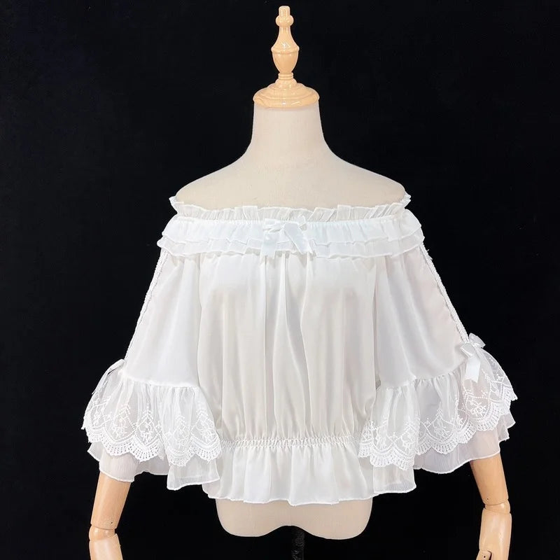 Sweet Lolita Chiffon Blouses Women Cute Bow Ruffles Three Quarter Flare Sleeve Undershirt Girl Kawai Off Shoulder Shirt Crop Top