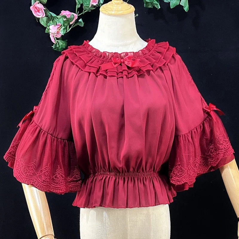Sweet Lolita Chiffon Blouses Women Cute Bow Ruffles Three Quarter Flare Sleeve Undershirt Girl Kawai Off Shoulder Shirt Crop Top