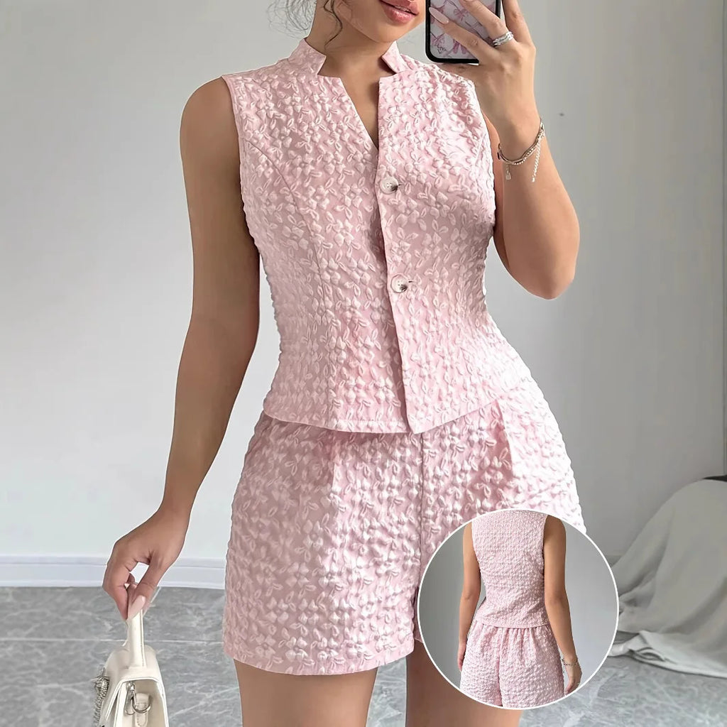 Summer Women's 2025 Elegant Solid Color Jacquard Sleeveless Tank Top and Shorts Two Piece Set
