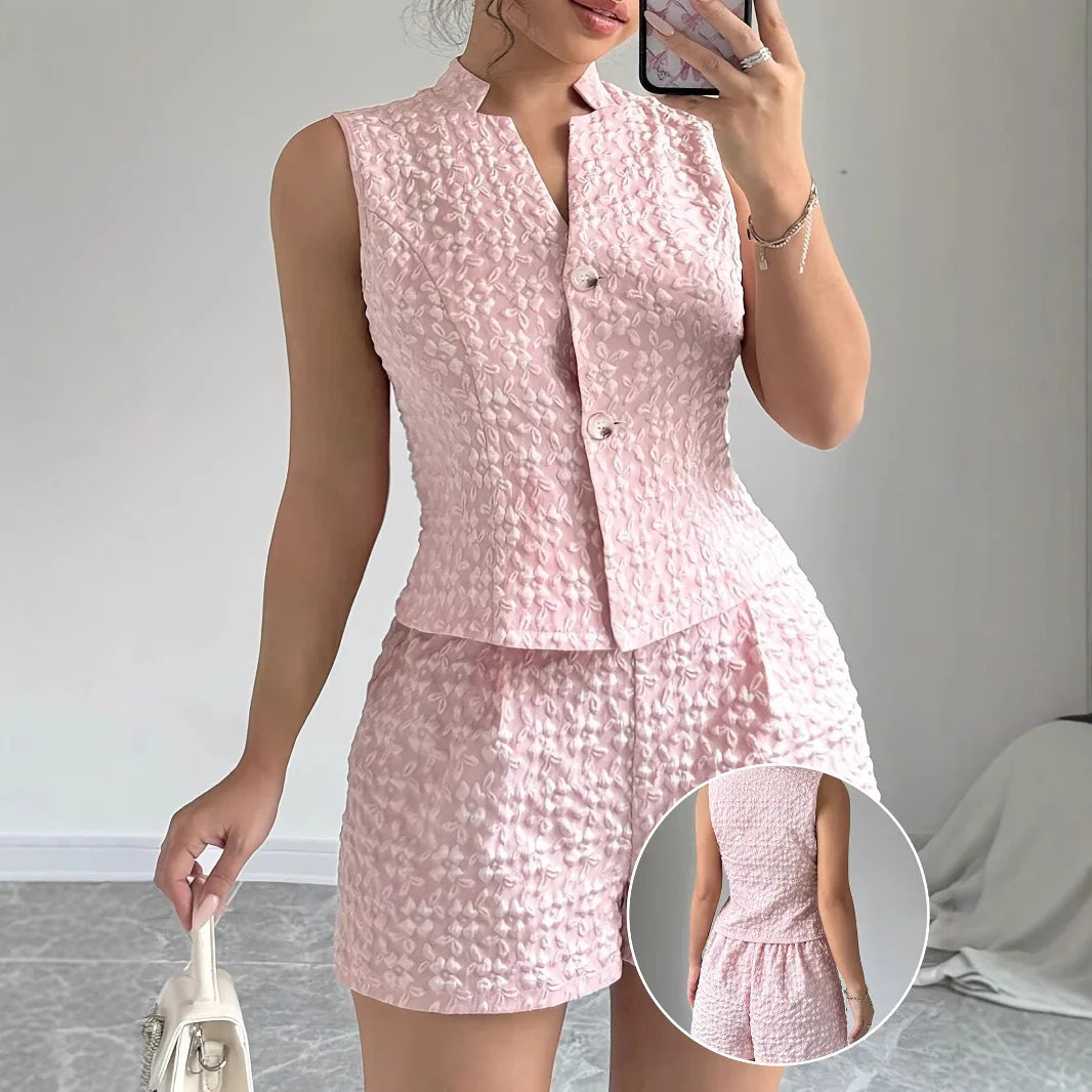 Summer Women's 2025 Elegant Solid Color Jacquard Sleeveless Tank Top and Shorts Two Piece Set