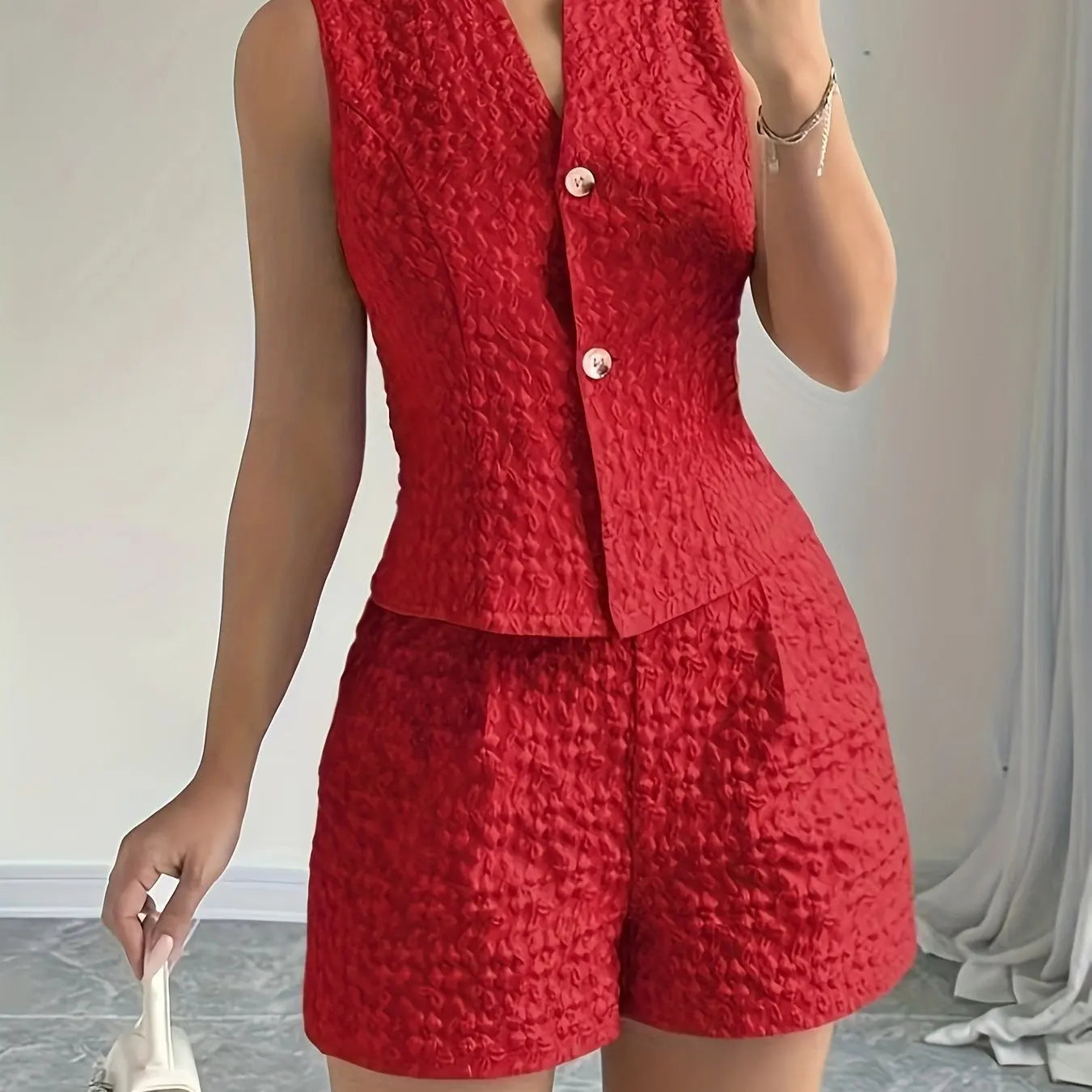 Summer Women's 2025 Elegant Solid Color Jacquard Sleeveless Tank Top and Shorts Two Piece Set