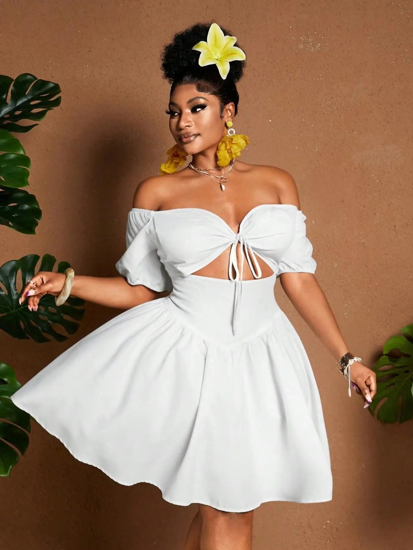 Plus Size Women One-Shoulder Waist-Tie Bubble Sleeve Dress, Summer Vacation Style, Casual Short Dress, Plain Pattern