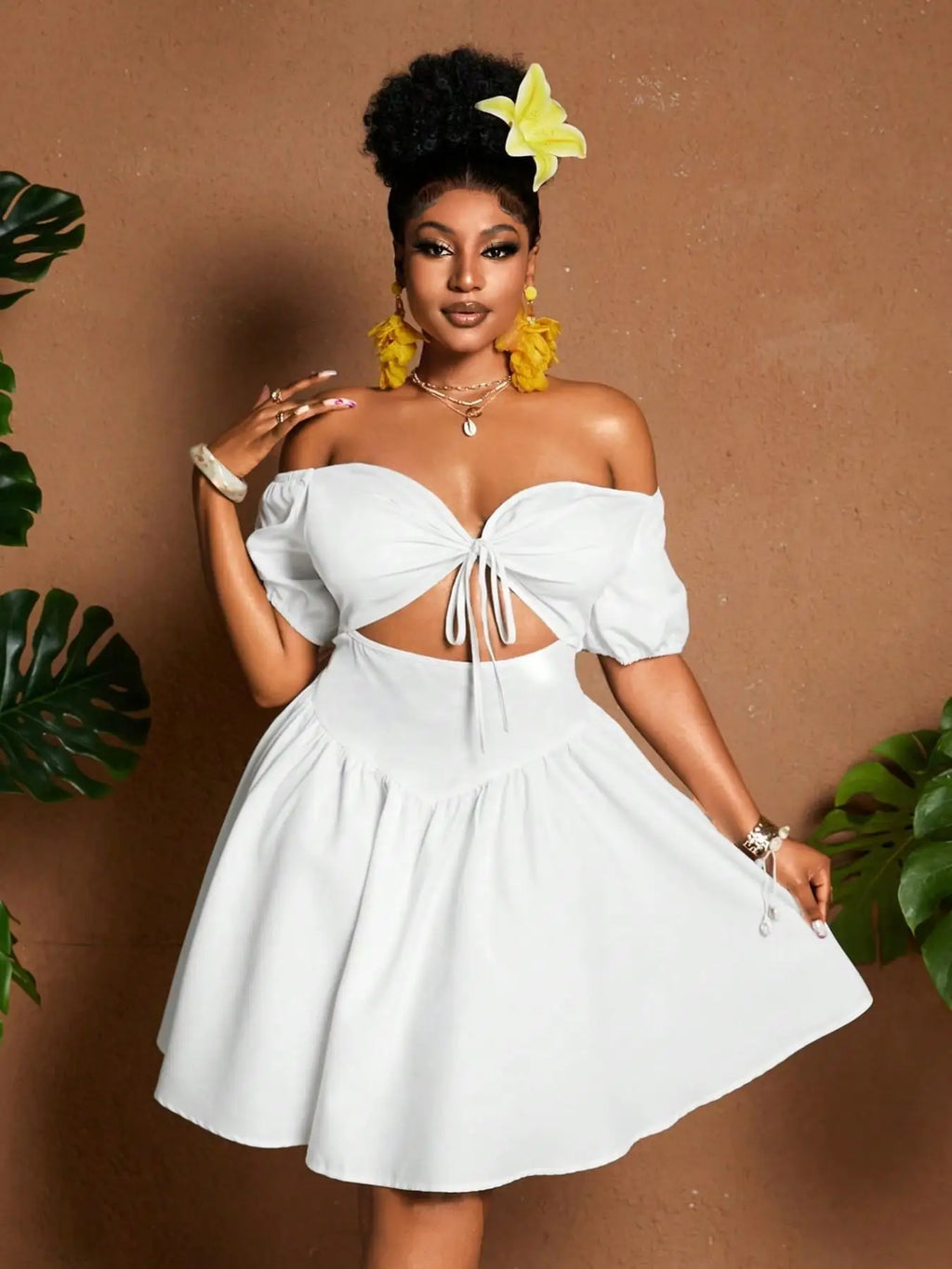 Plus Size Women One-Shoulder Waist-Tie Bubble Sleeve Dress, Summer Vacation Style, Casual Short Dress, Plain Pattern