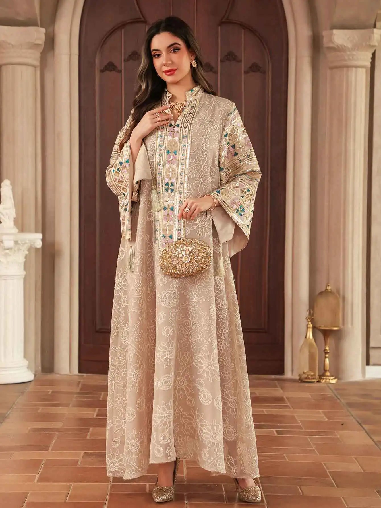 Eid Islamic Modest Abaya for Women Multicolor Embroidered & Sequin Beige Muslim Dress 2026 Elegant Dubai Stand Collar Tassel New