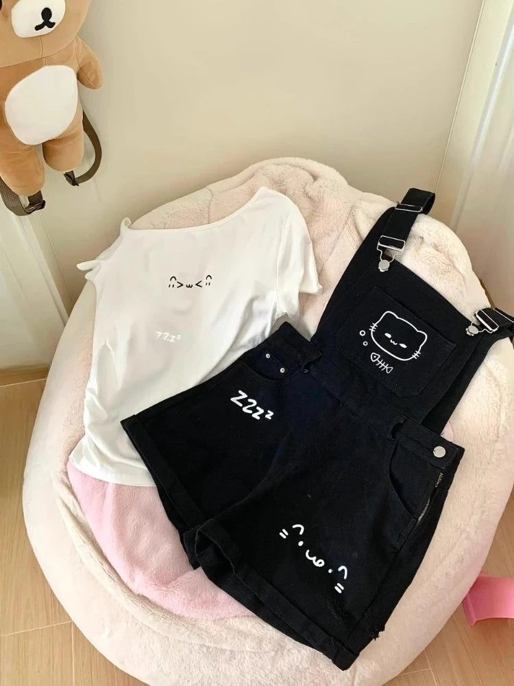 Japanese Cute Preppy Style 2 Piece Set Women Sweet Off Shoulder Cartoon Print Tops Black Bib Denim Shorts Kawaii Girl Outfit New