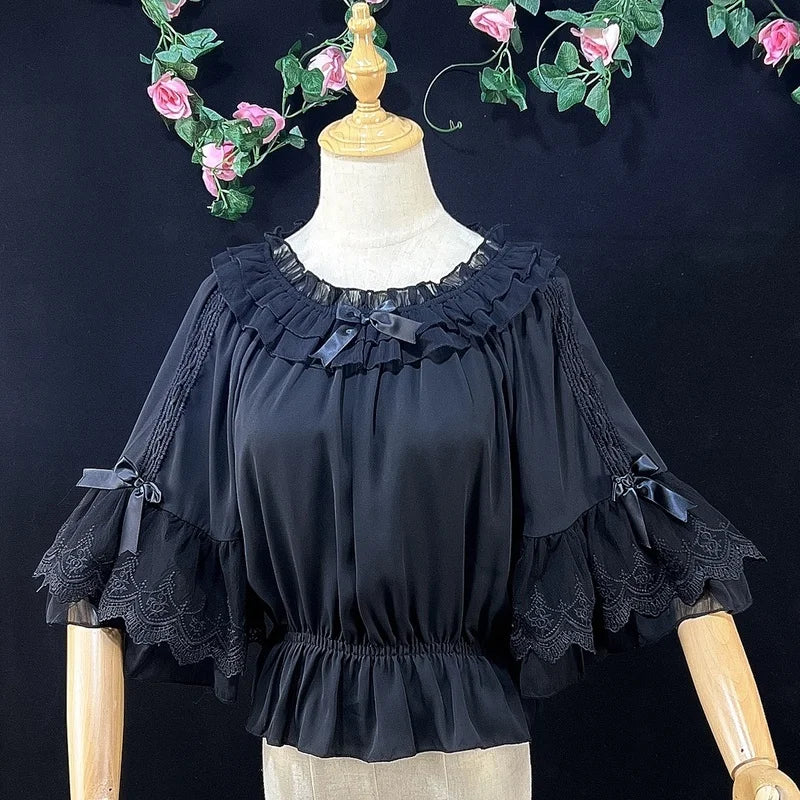 Sweet Lolita Chiffon Blouses Women Cute Bow Ruffles Three Quarter Flare Sleeve Undershirt Girl Kawai Off Shoulder Shirt Crop Top