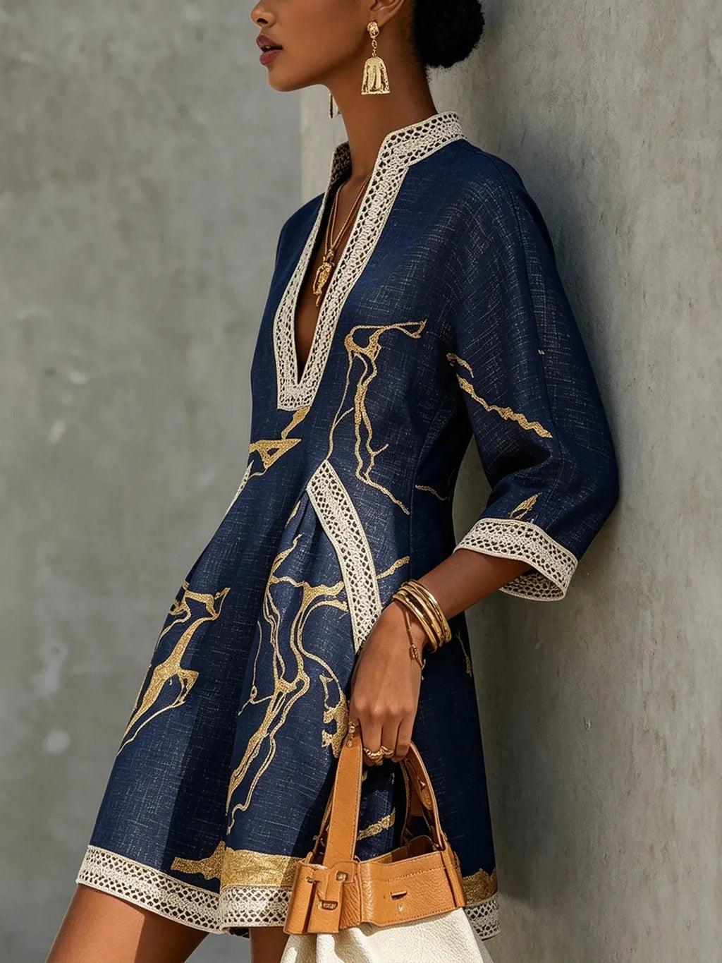 Elegant Mini Dress for Women Fashion Lace Trim V Neck Abstract Print 3/4 Sleeve Pocket Dress Casual Commuting Vacation Dresses