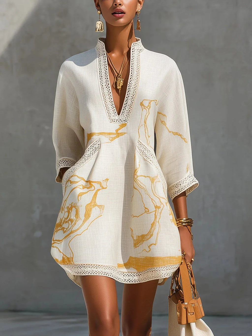 Elegant Mini Dress for Women Fashion Lace Trim V Neck Abstract Print 3/4 Sleeve Pocket Dress Casual Commuting Vacation Dresses