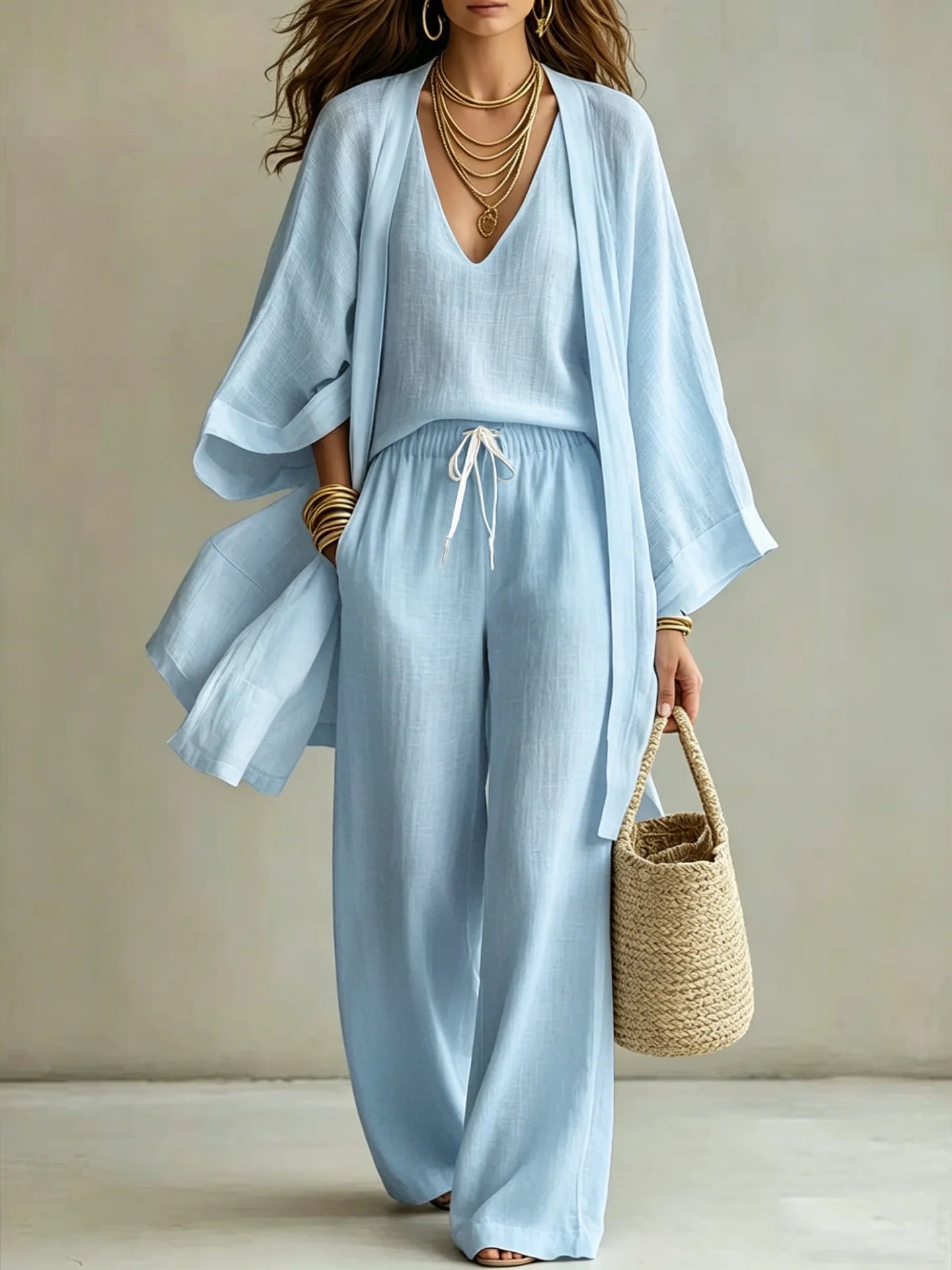Loose Cotton Linen Mid-Length Nine-Quarter Sleeve Open Cardigan Sleeveless Vest Trousers Casual Three-Piece Set for Women