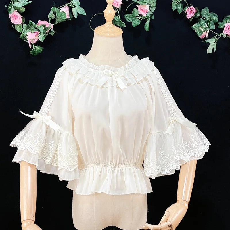 Sweet Lolita Chiffon Blouses Women Cute Bow Ruffles Three Quarter Flare Sleeve Undershirt Girl Kawai Off Shoulder Shirt Crop Top