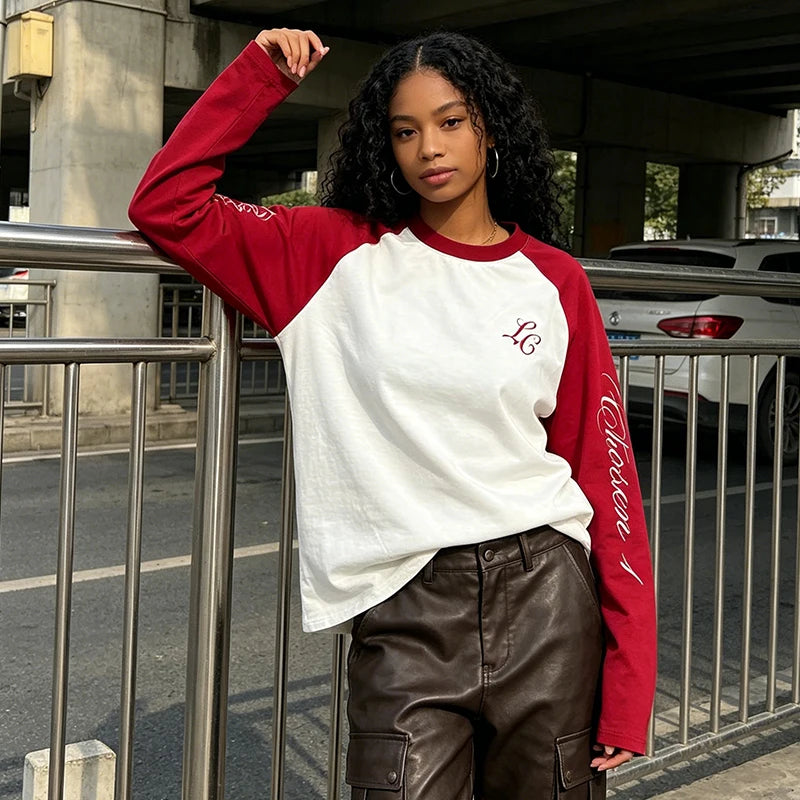 American Casual Loose Letter Printed Pullover Hip Hop Harajuku Tops Fashion Color Matching Shoulder Long Sleeved O Neck T-shirt