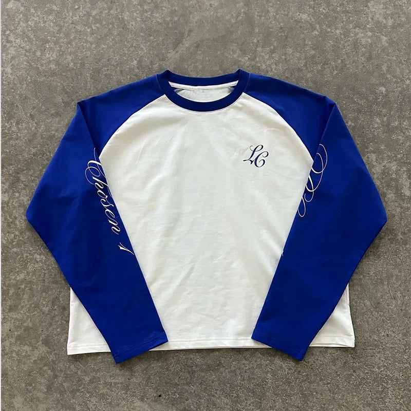 American Casual Loose Letter Printed Pullover Hip Hop Harajuku Tops Fashion Color Matching Shoulder Long Sleeved O Neck T-shirt