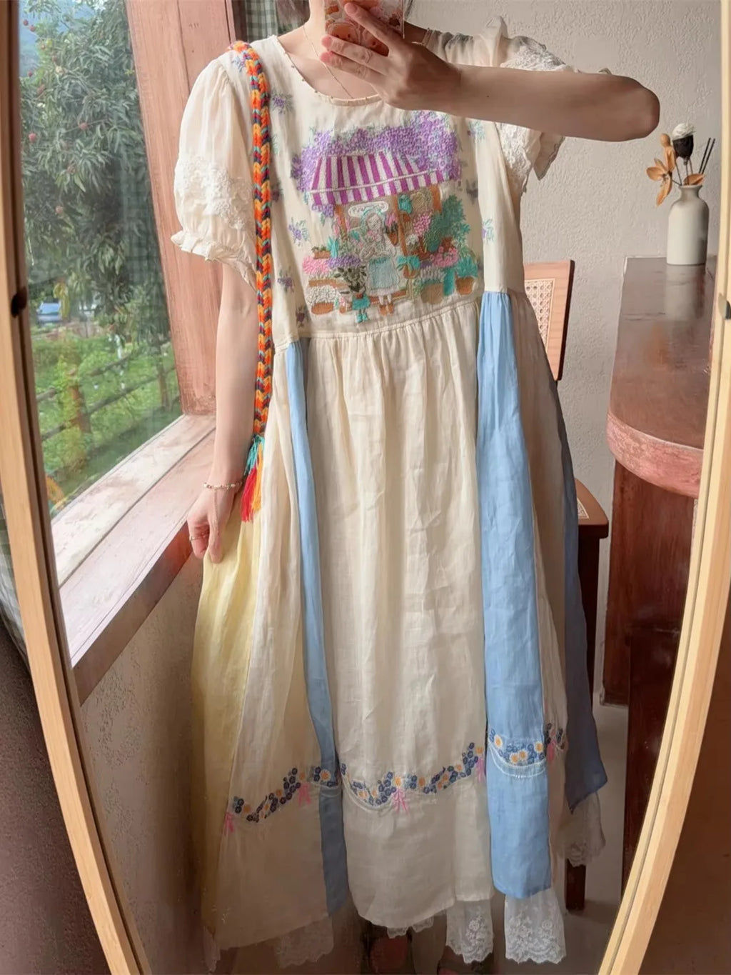 TIYIHAILEY Spring Summer Women Embroidery Ramie Dress With Lining Short Sleeve Long Mid-Calf Ladies Loose A-line Beige Lace