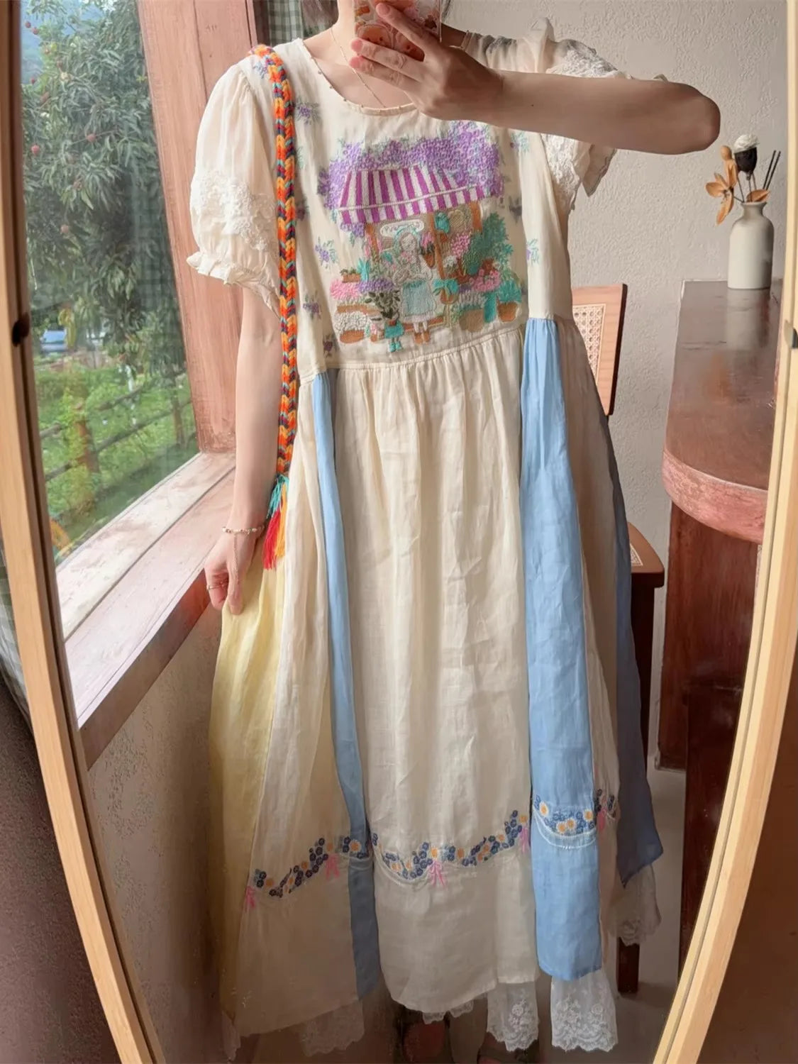 TIYIHAILEY Spring Summer Women Embroidery Ramie Dress With Lining Short Sleeve Long Mid-Calf Ladies Loose A-line Beige Lace