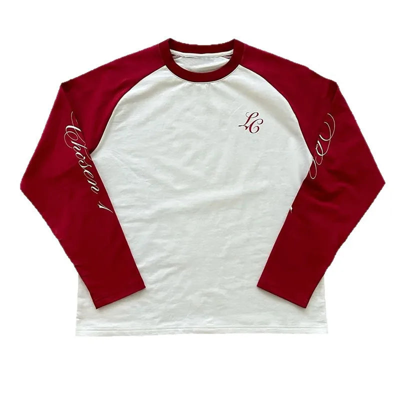American Casual Loose Letter Printed Pullover Hip Hop Harajuku Tops Fashion Color Matching Shoulder Long Sleeved O Neck T-shirt