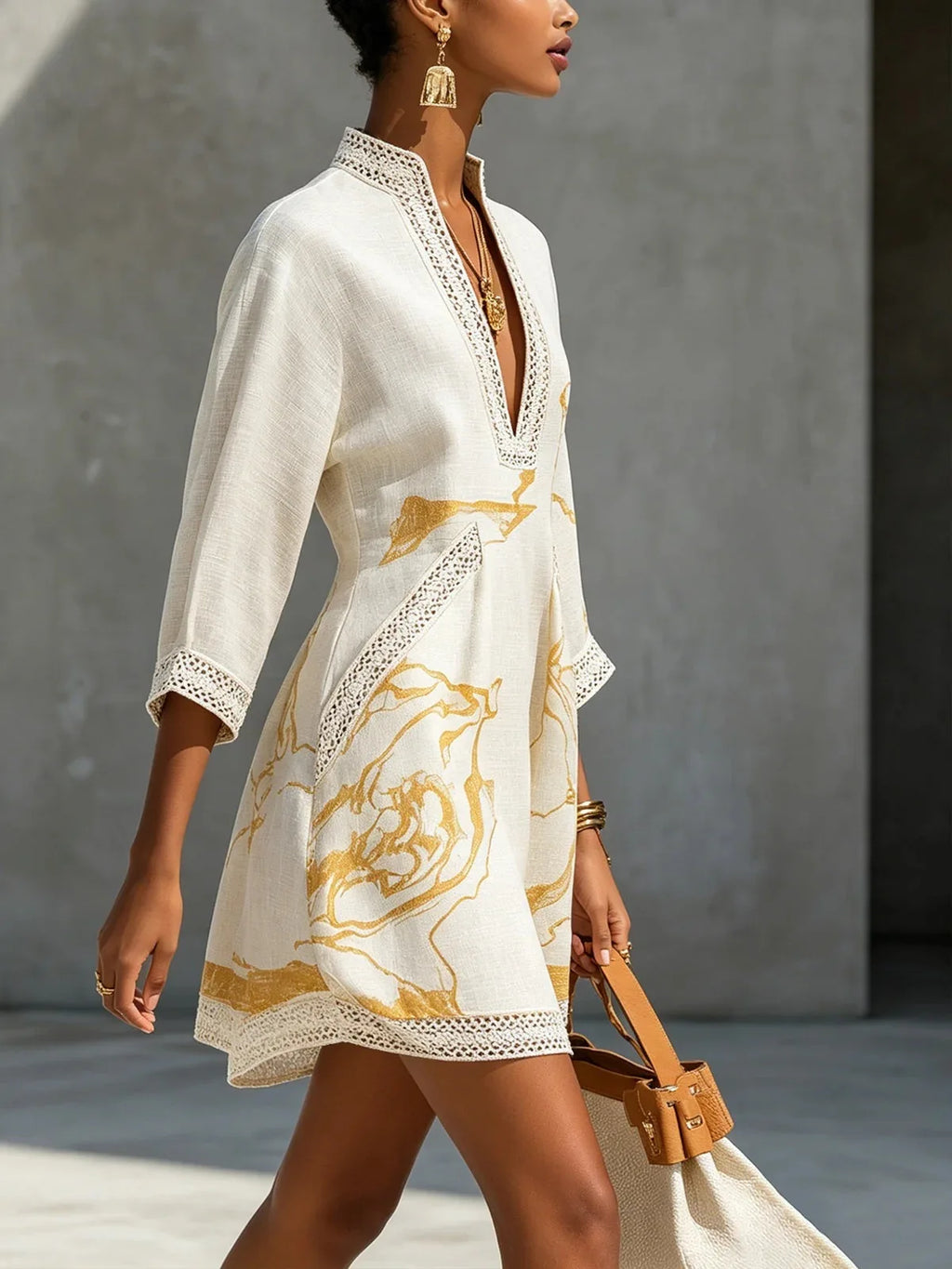 Elegant Mini Dress for Women Fashion Lace Trim V Neck Abstract Print 3/4 Sleeve Pocket Dress Casual Commuting Vacation Dresses