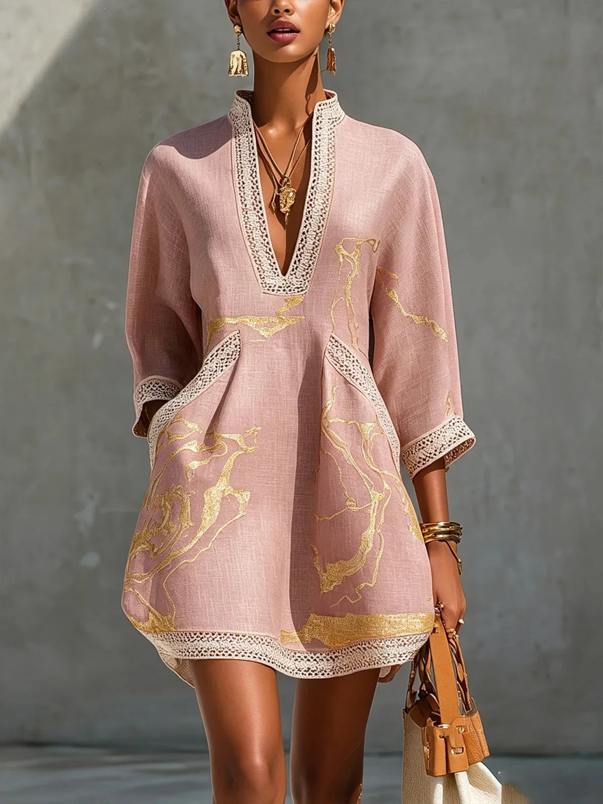 Elegant Mini Dress for Women Fashion Lace Trim V Neck Abstract Print 3/4 Sleeve Pocket Dress Casual Commuting Vacation Dresses