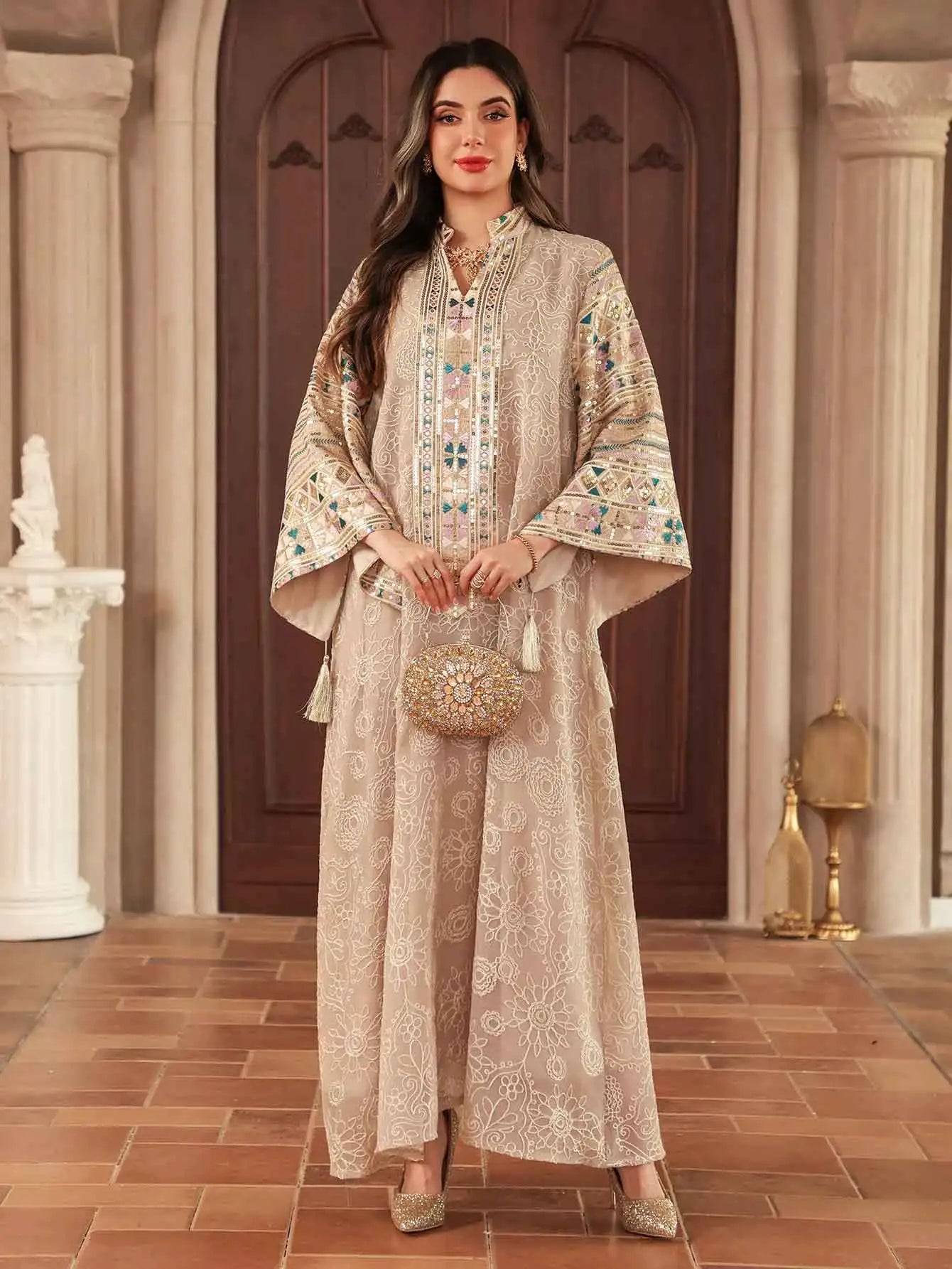 Eid Islamic Modest Abaya for Women Multicolor Embroidered & Sequin Beige Muslim Dress 2026 Elegant Dubai Stand Collar Tassel New
