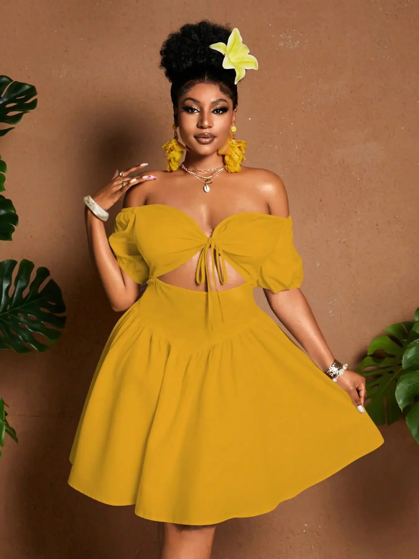 Plus Size Women One-Shoulder Waist-Tie Bubble Sleeve Dress, Summer Vacation Style, Casual Short Dress, Plain Pattern