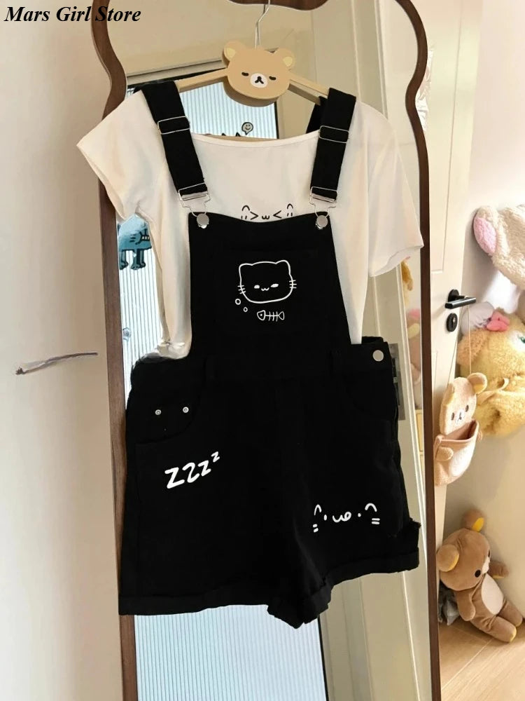 Japanese Cute Preppy Style 2 Piece Set Women Sweet Off Shoulder Cartoon Print Tops Black Bib Denim Shorts Kawaii Girl Outfit New