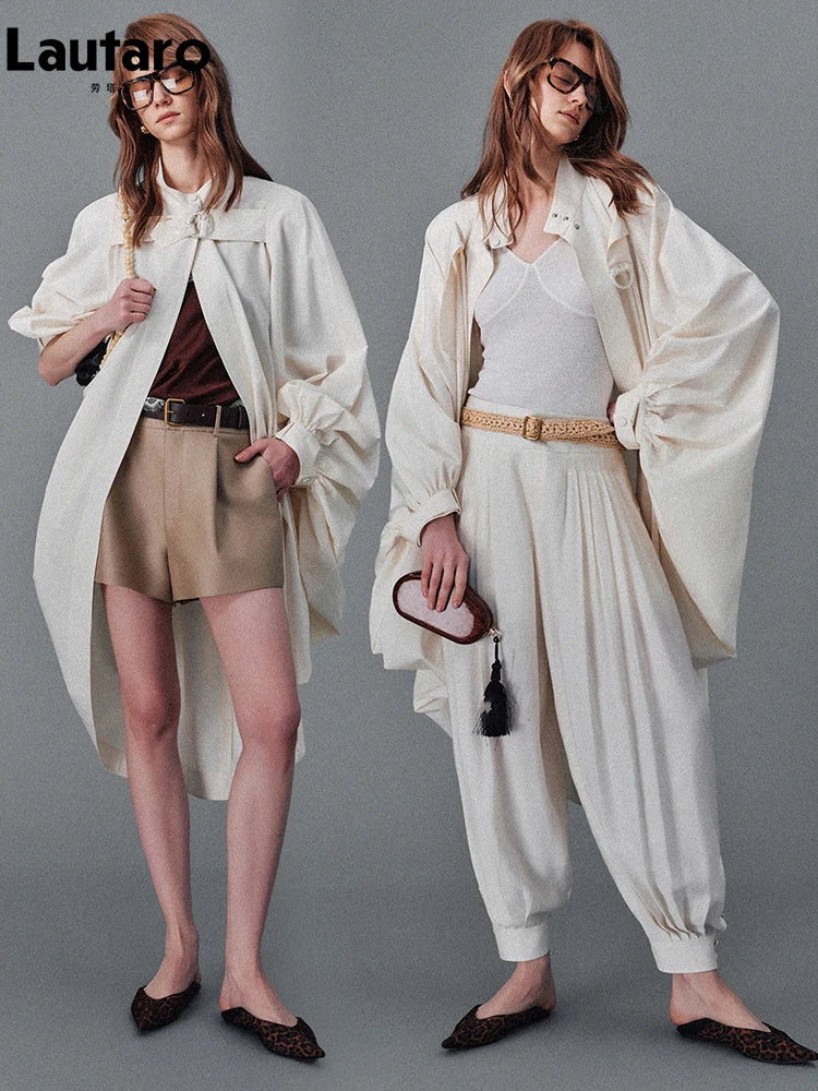 Lautaro Spring Autumn Oversized Long Bat Sleeved Cape-style Trench Coat for Women Loose Casual Chic Korean Fashion Overcoat 2025