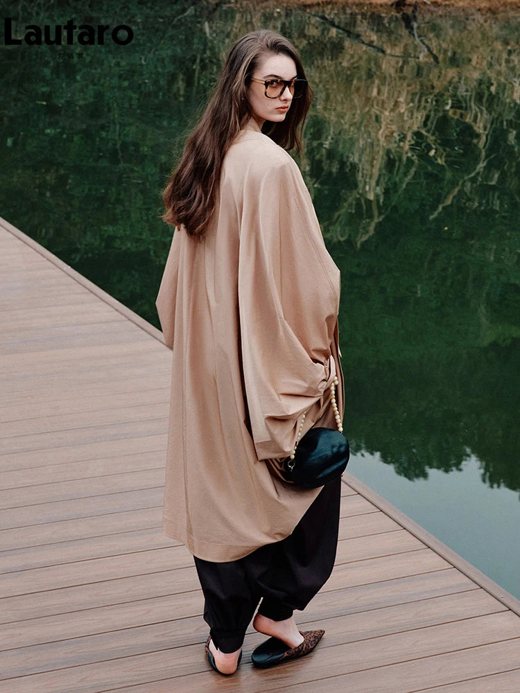 Lautaro Spring Autumn Oversized Long Bat Sleeved Cape-style Trench Coat for Women Loose Casual Chic Korean Fashion Overcoat 2025