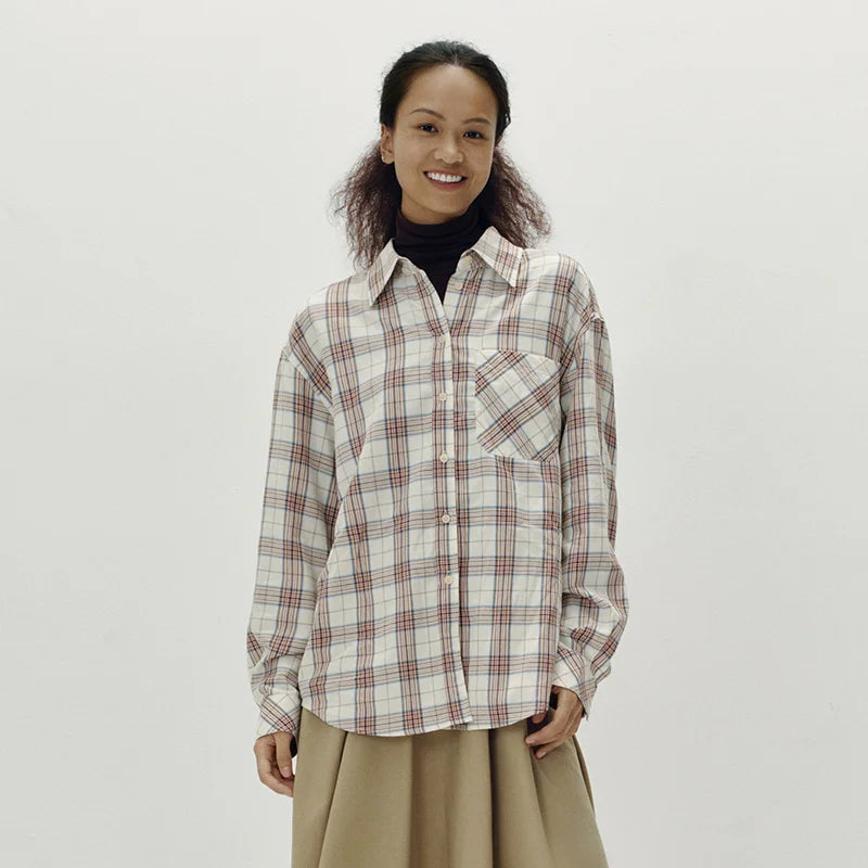 Semir Women Shirt Plaid Long Sleeve Mid Length Loose Dropped Shoulder Retro Campus Style Autumn Blouse Daily Wear 2026