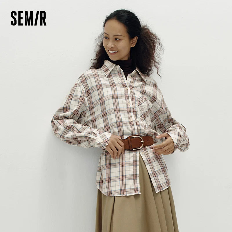 Semir Women Shirt Plaid Long Sleeve Mid Length Loose Dropped Shoulder Retro Campus Style Autumn Blouse Daily Wear 2026